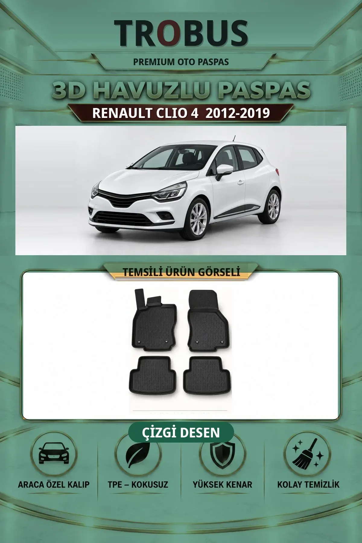 Renault Clio 4 2012-2019 Çizgi Desen 3D Havuzlu Paspas Takımı (1)