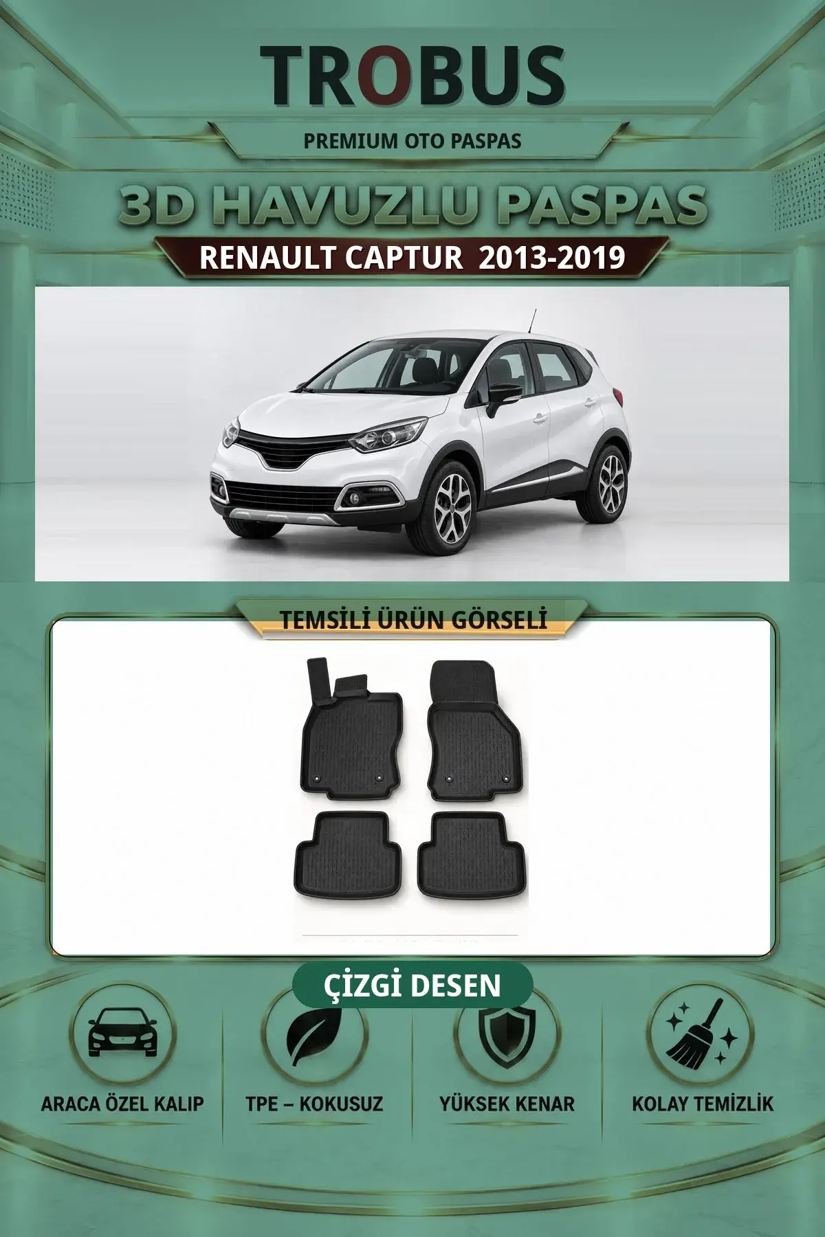 Renault Captur 2013-2019 Çizgi Desen 3D Havuzlu Paspas Takımı (1)