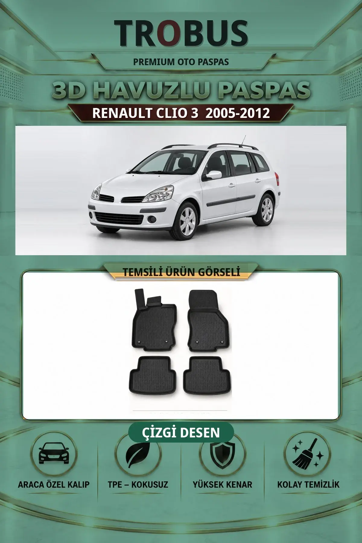Renault Clio 3 2005-2012 Çizgi Desen 3D Havuzlu Paspas Takımı (1)