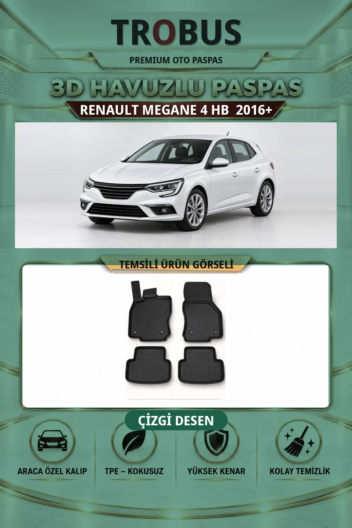 Renault Megane 4 2016+ HB Çizgi Desen 3D Havuzlu Paspas Takımı (1)