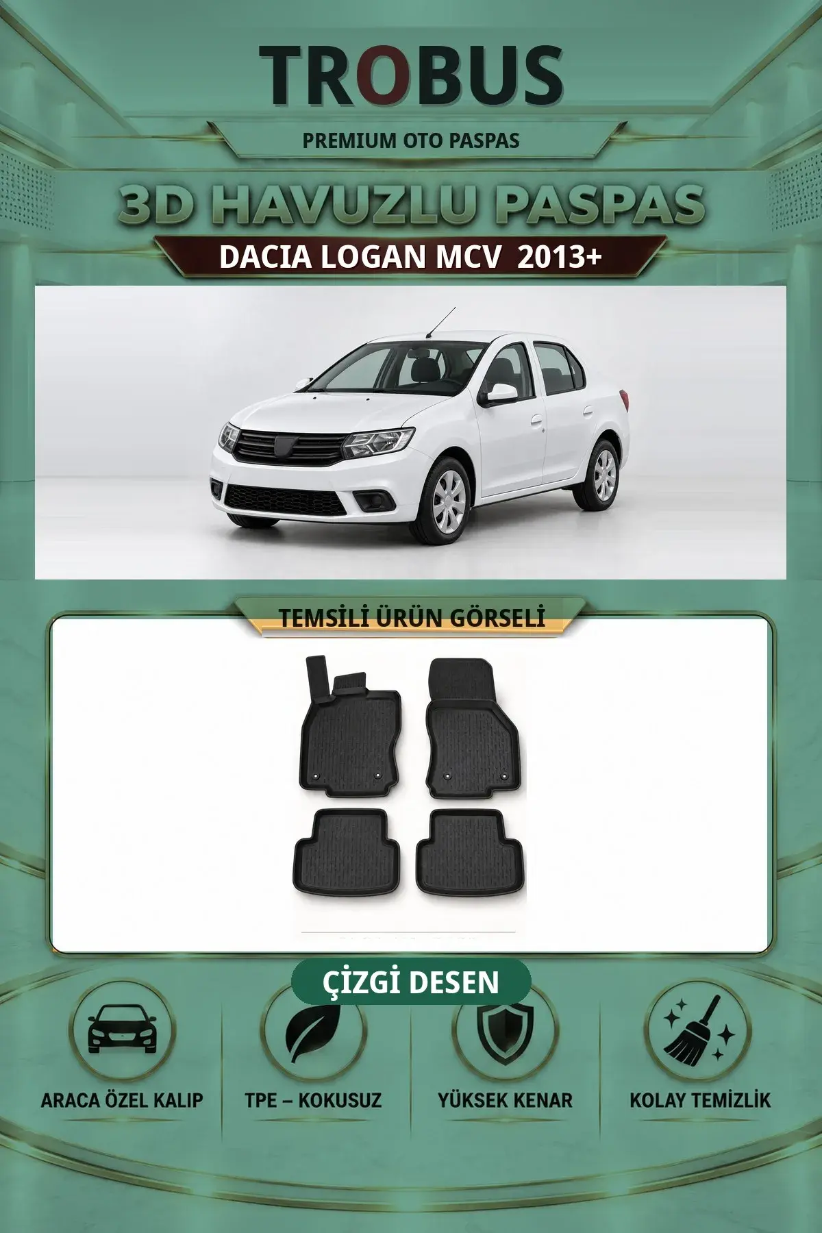 Dacia Logan MCV 2013+ Çizgi Desen 3D Havuzlu Paspas Takımı (1)