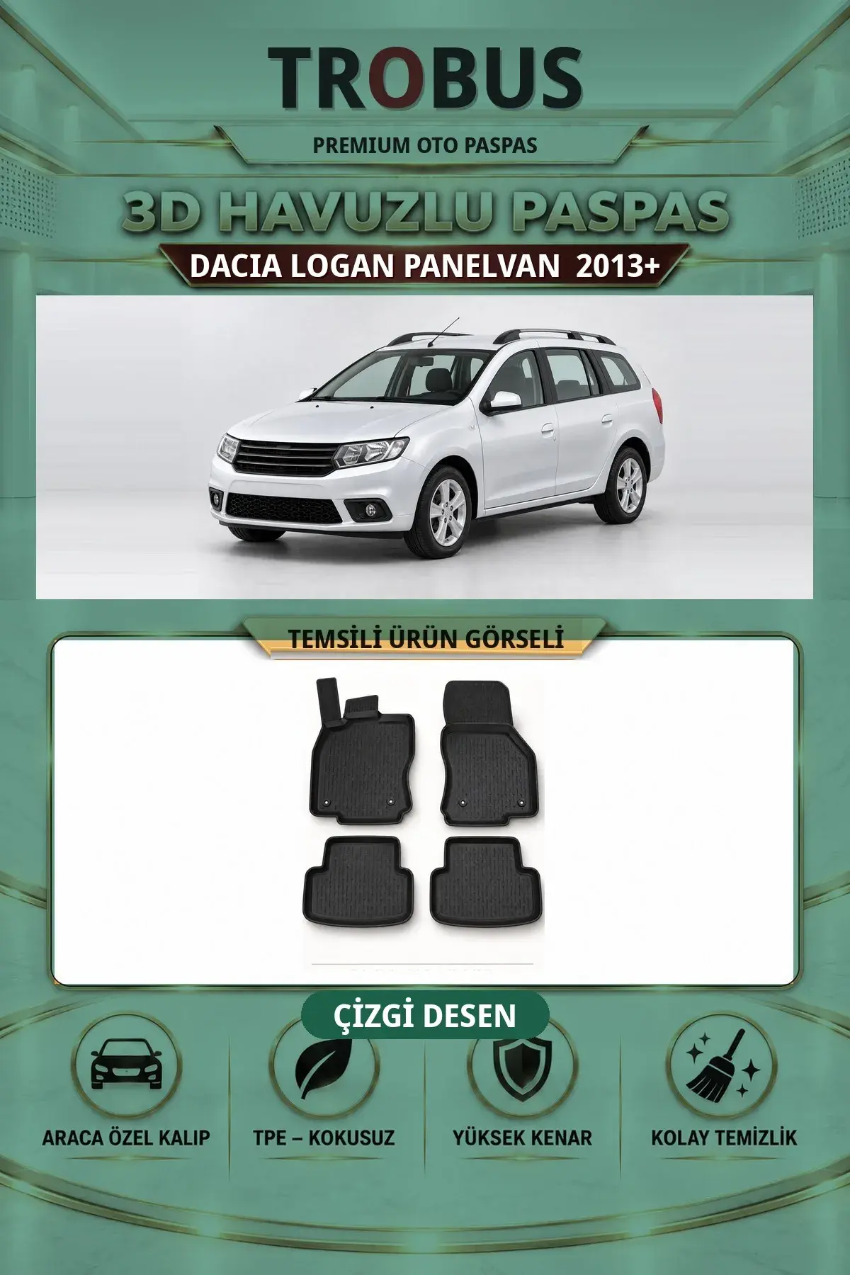 Dacia Logan 2013+ Panelvan Çizgi Desen 3D Havuzlu Paspas Takımı (1)