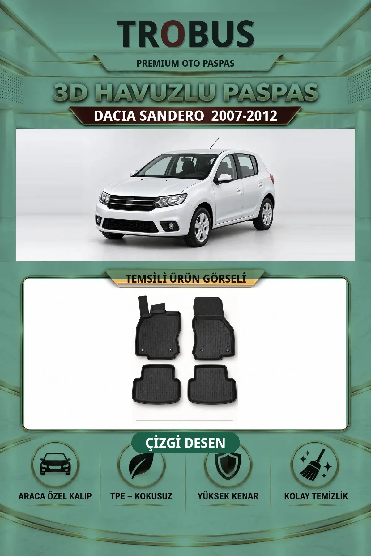 Dacia Sandero 2007-2012 Çizgi Desen 3D Havuzlu Paspas Takımı (1)