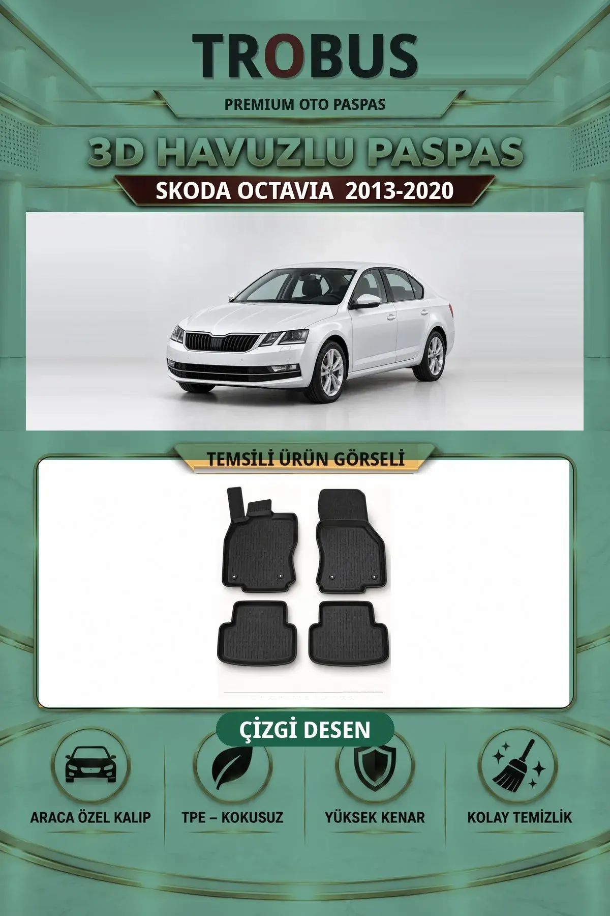 Skoda Octavia 2013-2020 Çizgi Desen 3D Havuzlu Paspas Takımı (1)