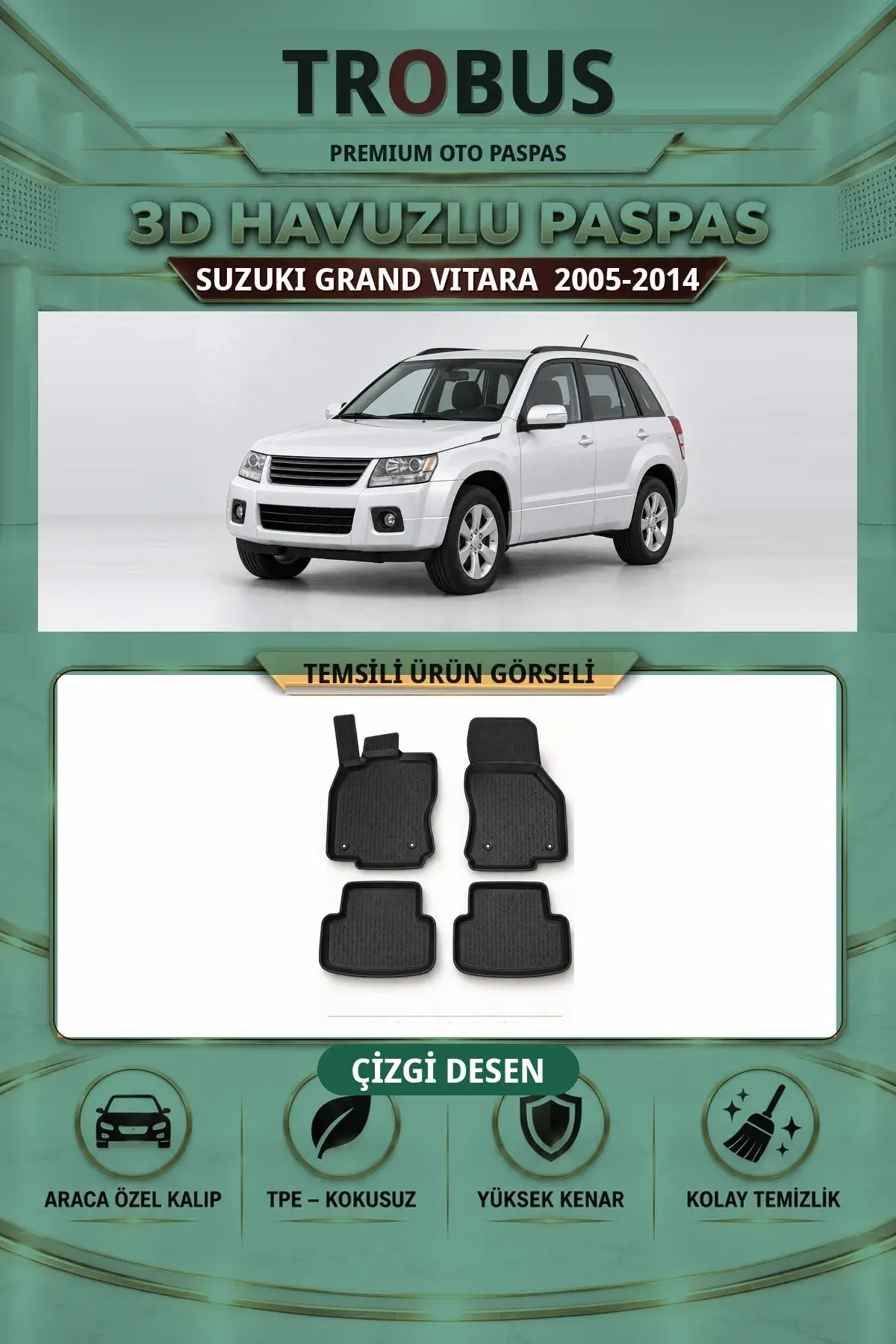 Suzuki Grand Vitara 2005-2014 Çizgi Desen 3D Havuzlu Paspas Takımı (1)