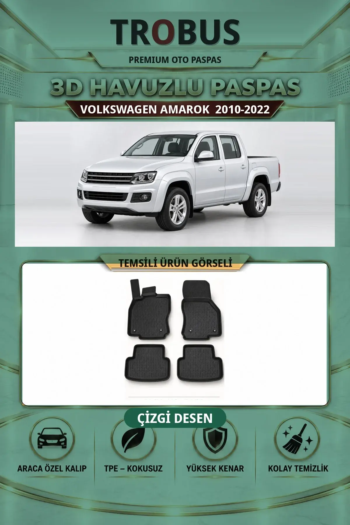 Volkswagen Amarok 2010-2022 Çizgi Desen 3D Havuzlu Paspas Takımı (1)