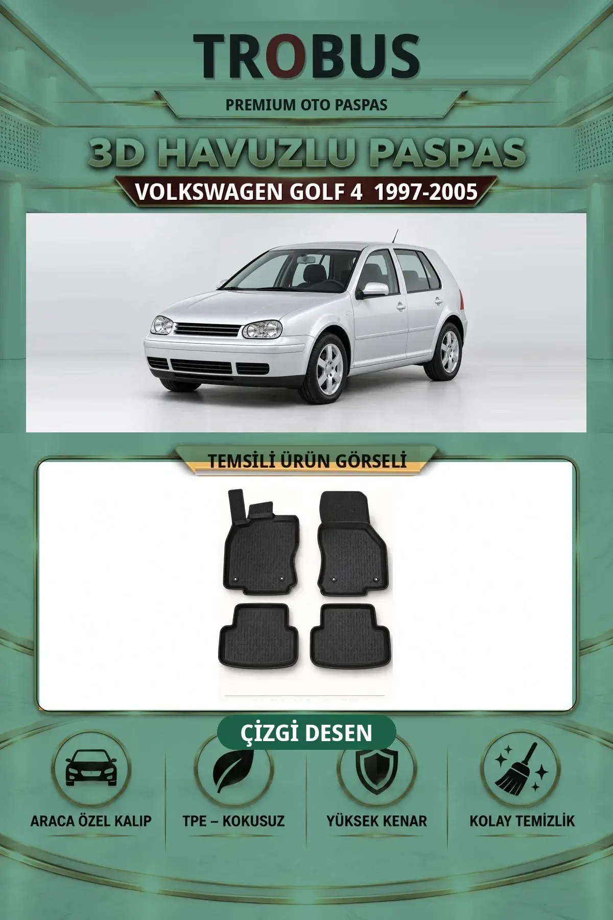 Volkswagen Golf 4 1997-2005 Çizgi Desen 3D Havuzlu Paspas Takımı (1)