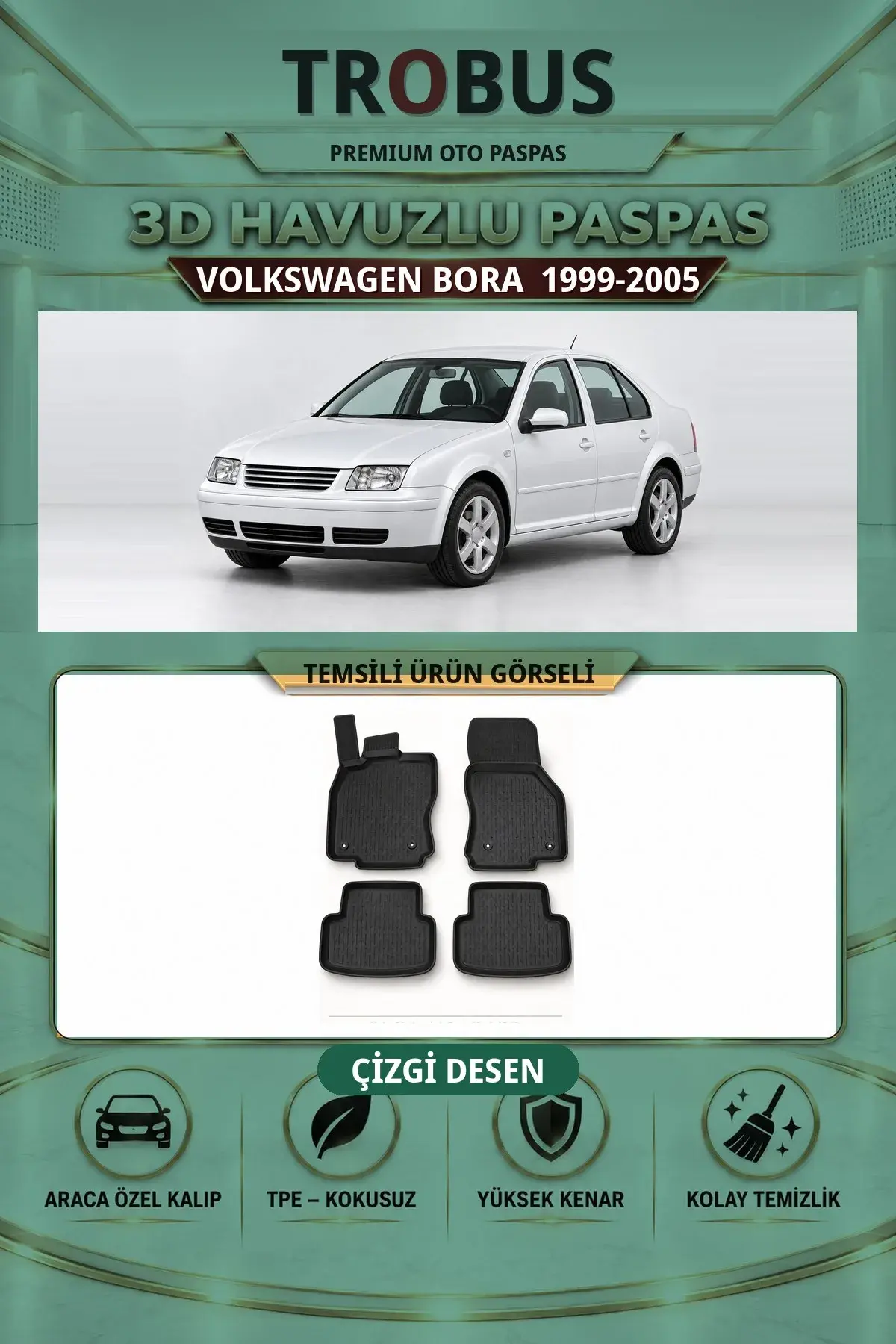 Volkswagen Bora 1999-2005 Çizgi Desen 3D Havuzlu Paspas Takımı (1)
