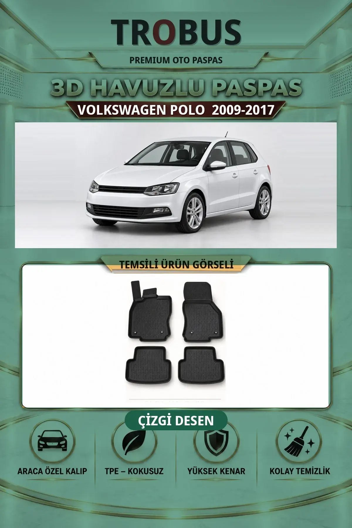 Volkswagen Polo 2009-2017 Çizgi Desen 3D Havuzlu Paspas Takımı (1)