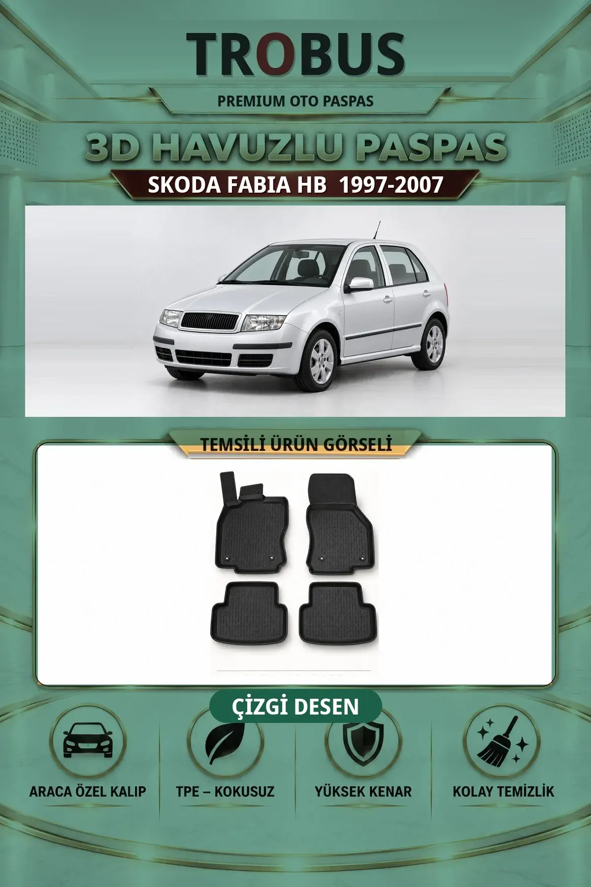 Skoda Fabia 1997-2007 HB Çizgi Desen 3D Havuzlu Paspas Takımı (1)