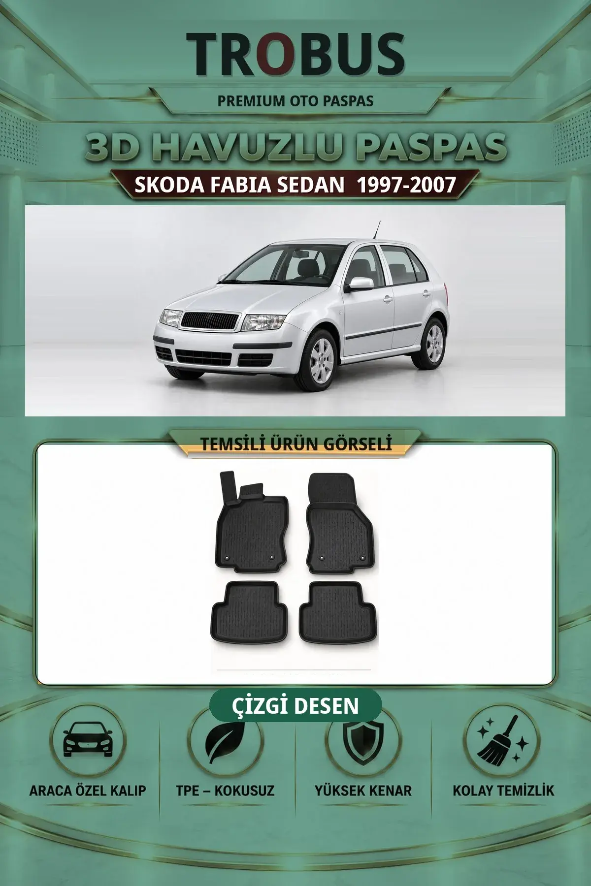 Skoda Fabia 1997-2007 Sedan Çizgi Desen 3D Havuzlu Paspas Takımı (1)