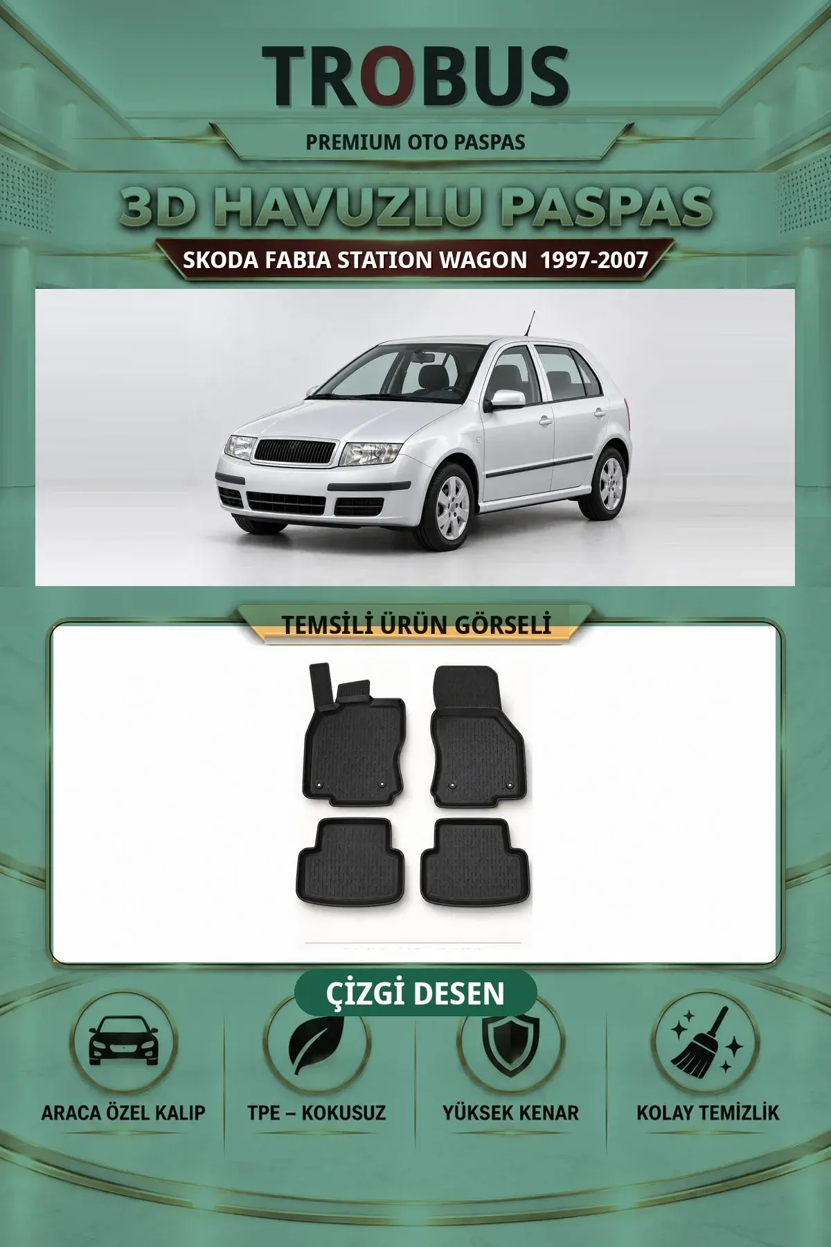 Skoda Fabia 1997-2007 Station Wagon Çizgi Desen 3D Havuzlu Paspas Takımı (1)