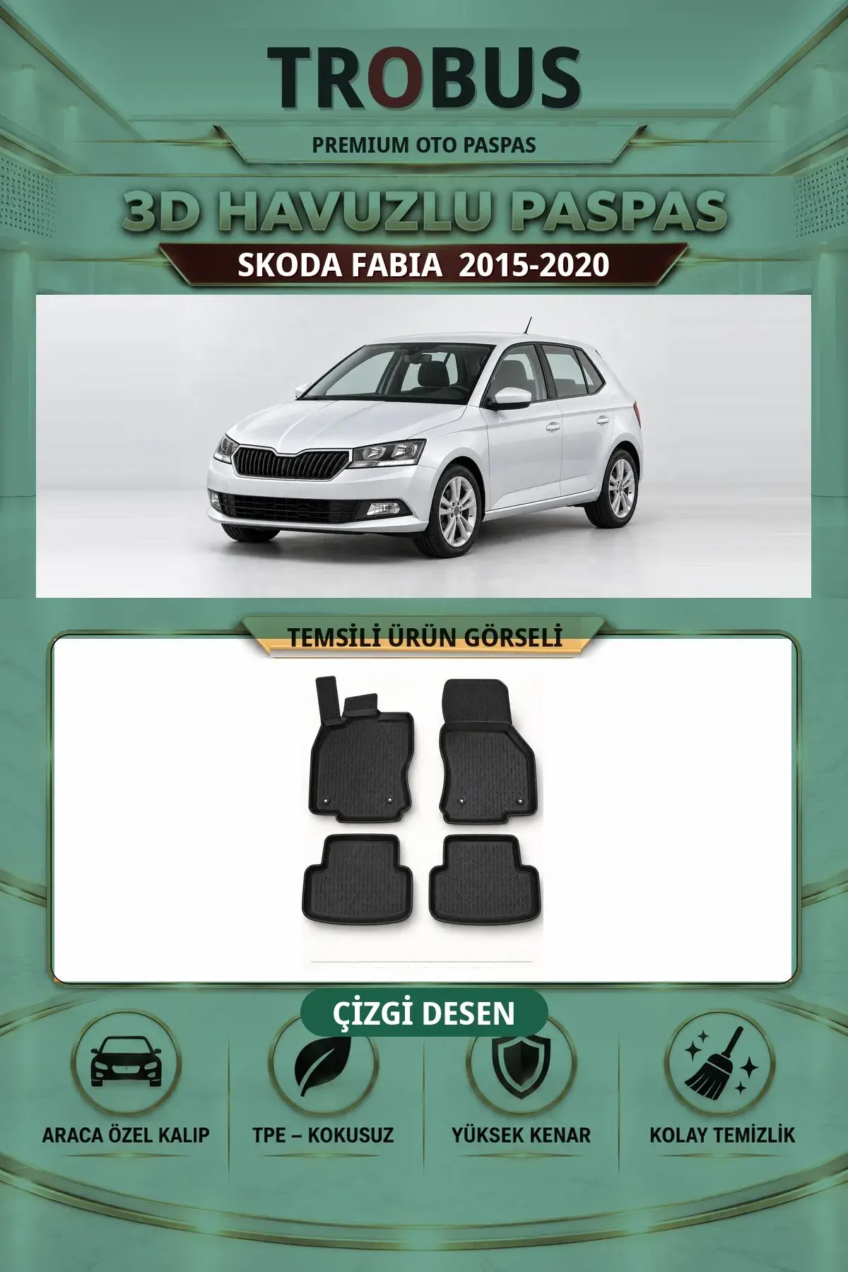Skoda Fabia 2015-2020 Çizgi Desen 3D Havuzlu Paspas Takımı (1)