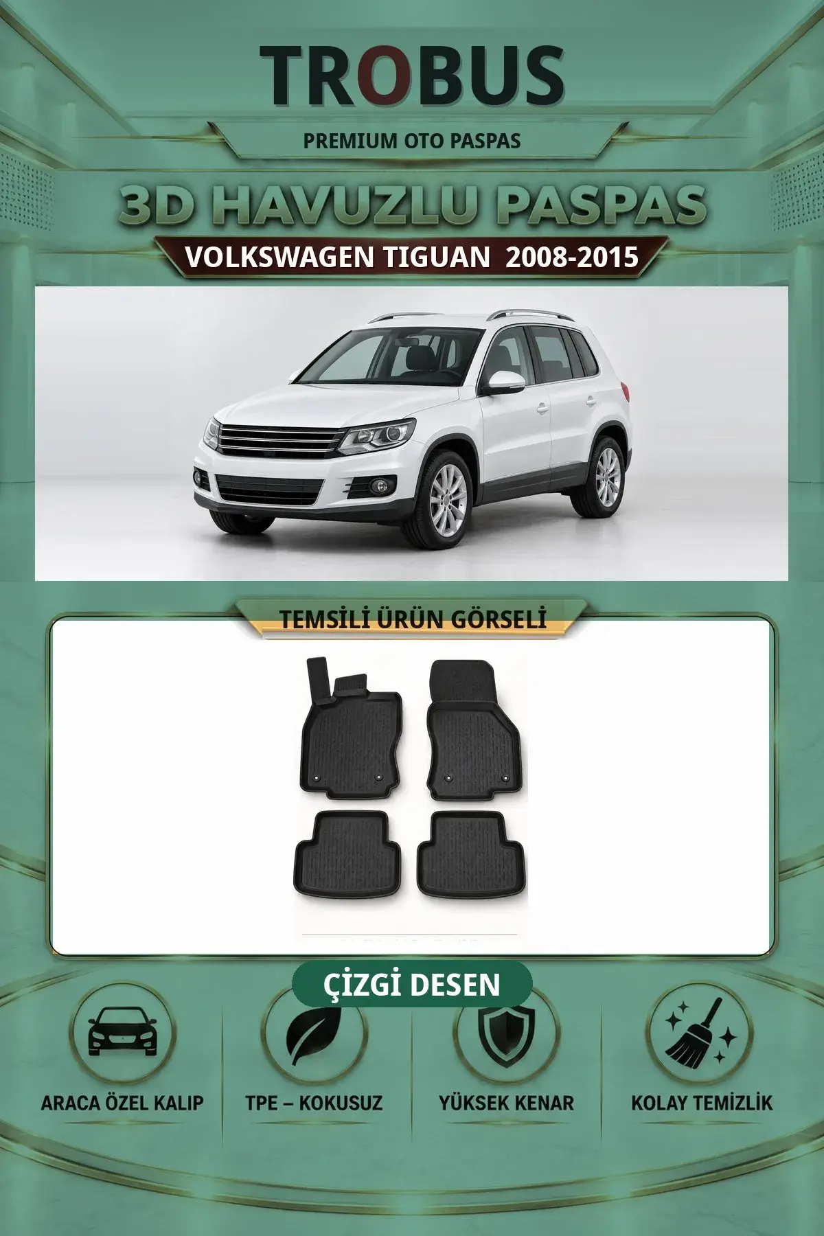 Volkswagen Tiguan 2008-2015 Çizgi Desen 3D Havuzlu Paspas Takımı (1)