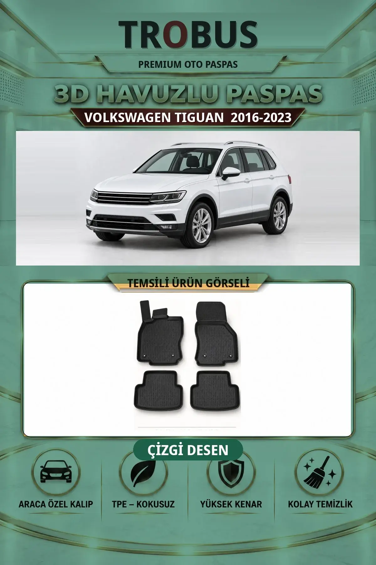 Volkswagen Tiguan 2016-2023 Çizgi Desen 3D Havuzlu Paspas Takımı (1)