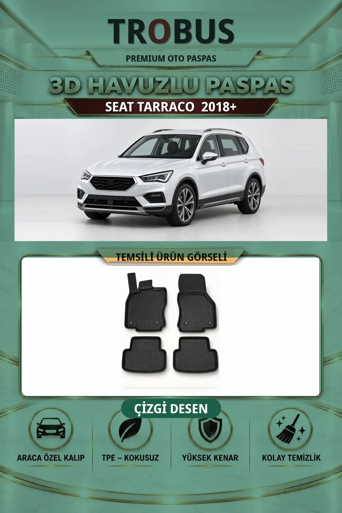 Seat Tarraco 2018+ Çizgi Desen 3D Havuzlu Paspas Takımı (1)