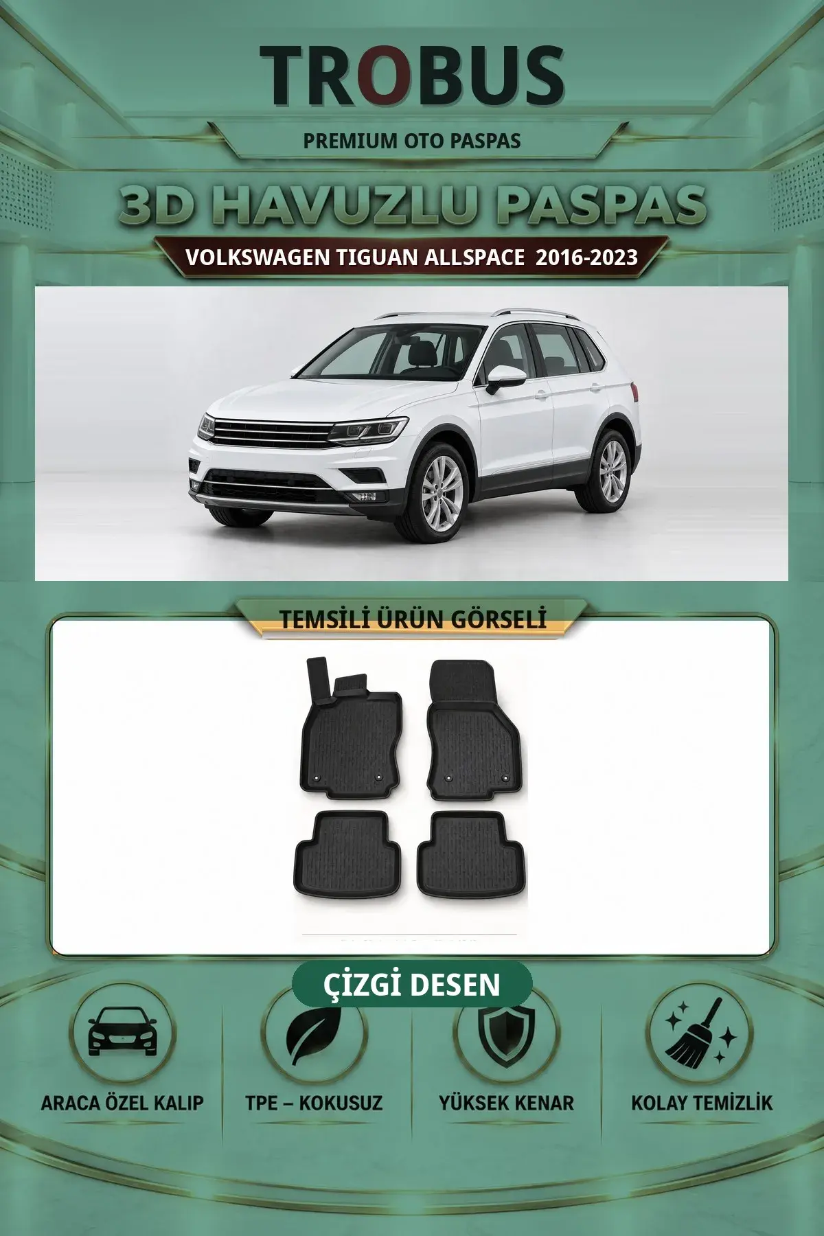Volkswagen Tiguan Allspace 2016-2023 Çizgi Desen 3D Havuzlu Paspas Takımı (1)