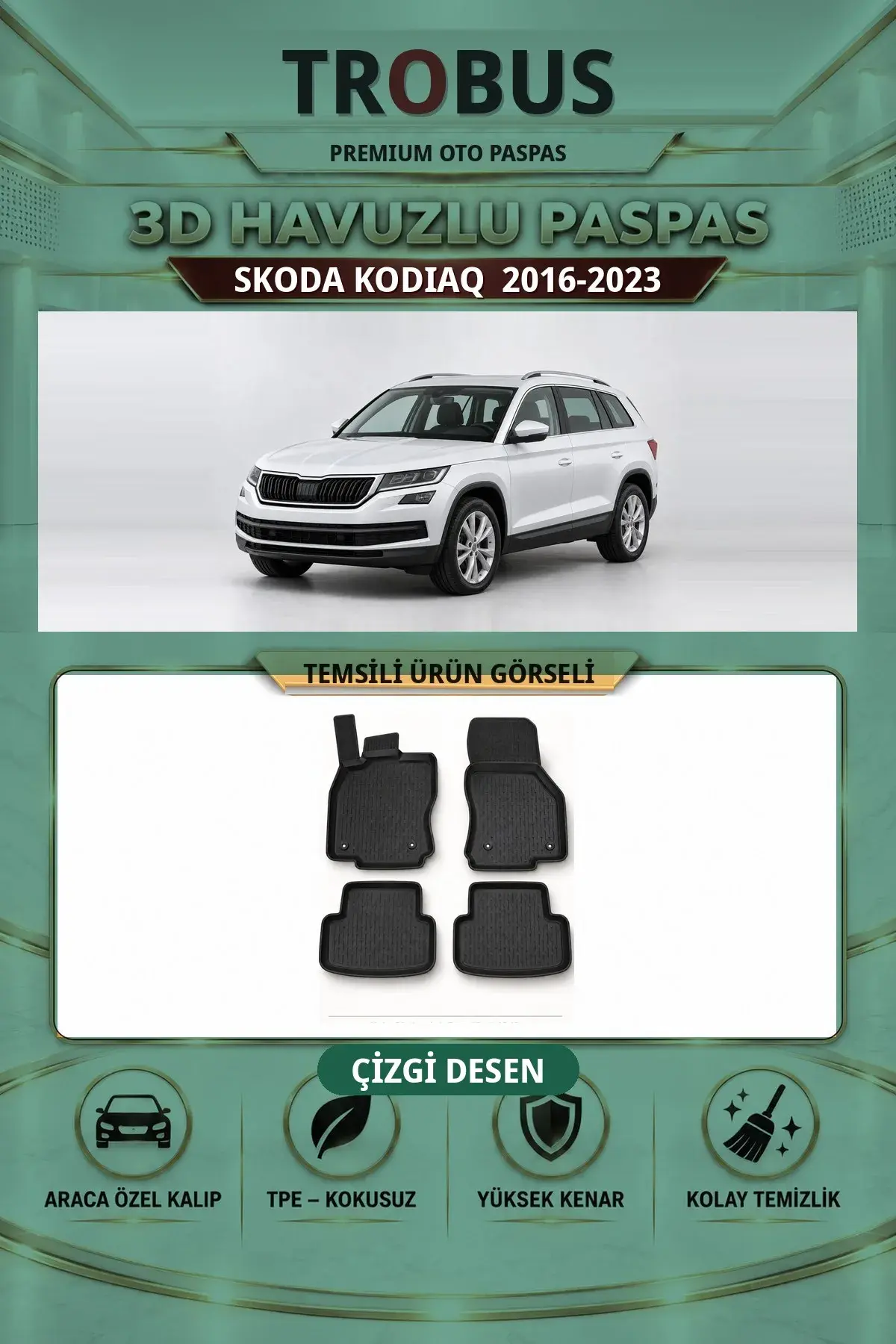 Skoda Kodiaq 2016-2023 Çizgi Desen 3D Havuzlu Paspas Takımı (1)