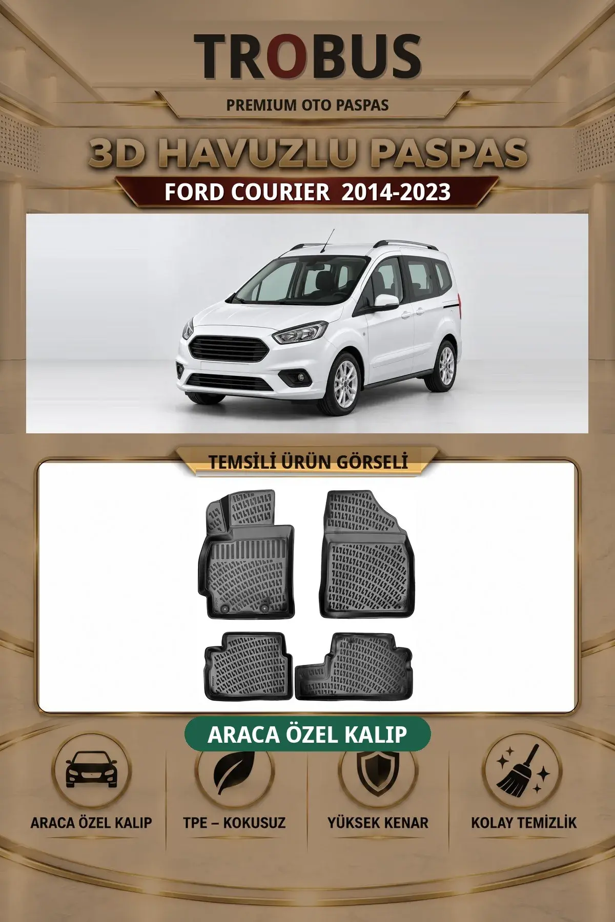 Ford Courier 2014-2023 Arka Koltuklu Araca Özel 3D Havuzlu Paspas Siyah - Sahler (1)