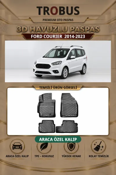 Ford Courier 2014-2023 Arka Koltuklu Araca Özel 3D Havuzlu Paspas Siyah - Sahler