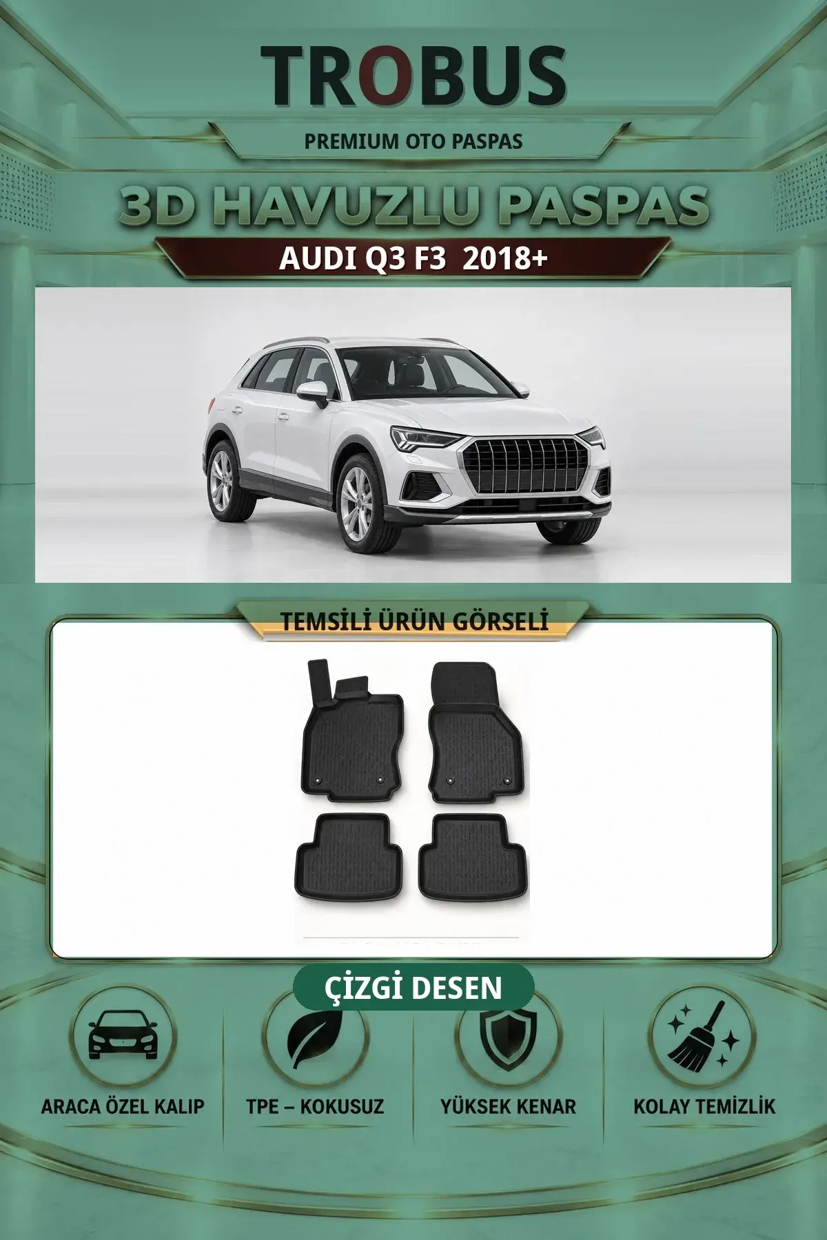 Audi Q3 F3 2018+ Çizgi Desen 3D Havuzlu Paspas Takımı (1)