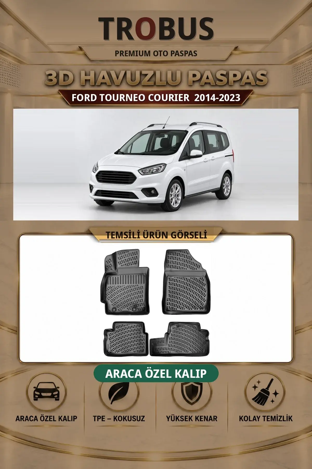 Ford Tourneo Courier 2014-2023 Arka Koltuklu Araca Özel 3D Havuzlu Paspas Siyah - Sahler (1)