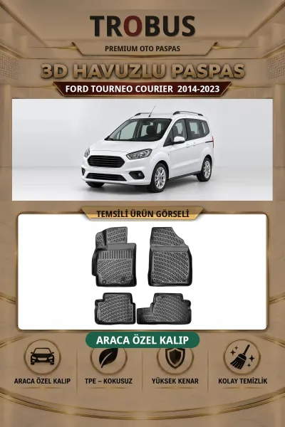 Ford Tourneo Courier 2014-2023 Arka Koltuklu Araca Özel 3D Havuzlu Paspas Siyah - Sahler