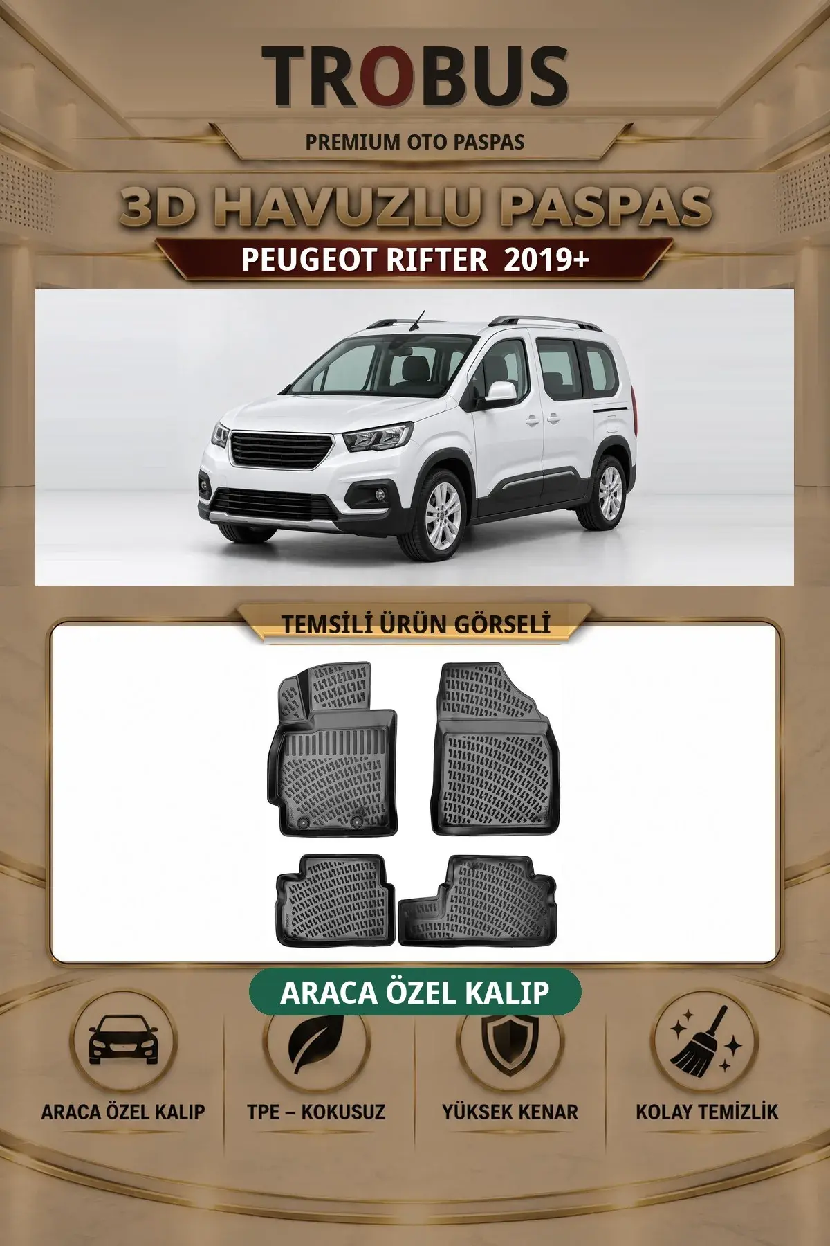 Peugeot Rifter 2019+ Arka Koltuklu Araca Özel 3D Havuzlu Paspas Siyah - Sahler (1)