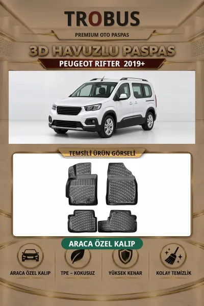 Peugeot Rifter 2019+ Arka Koltuklu Araca Özel 3D Havuzlu Paspas Siyah - Sahler