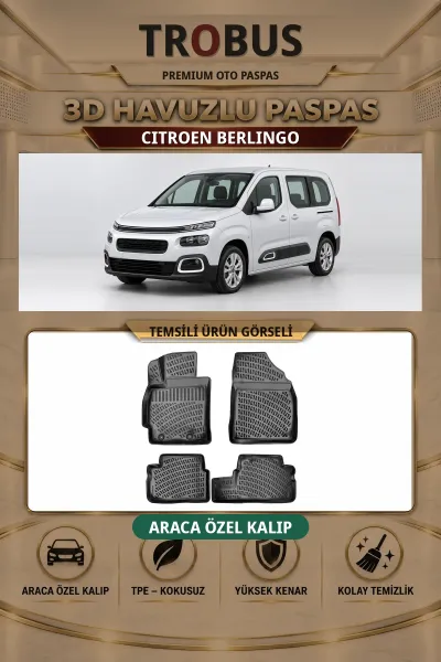 Citroen Berlingo Arka Koltuklu Araca Özel 3D Havuzlu Paspas Siyah - Sahler
