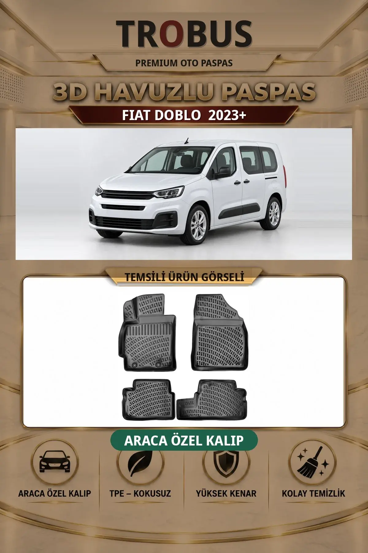 Fiat Doblo 2023+ Arka Koltuklu Araca Özel 3D Havuzlu Paspas Siyah - Sahler (1)