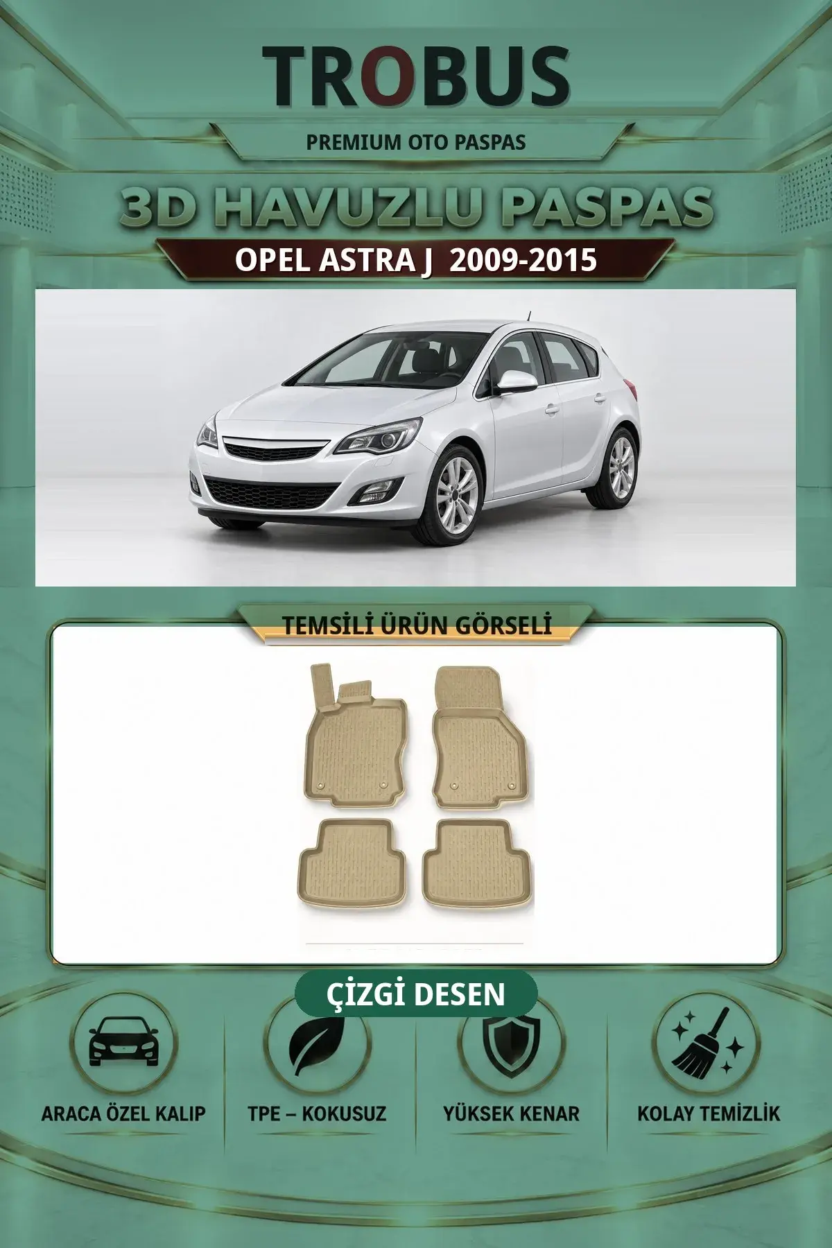 Opel Astra J 2009-2015 Çizgi Desen 3D Havuzlu Paspas Takımı Bej (1)