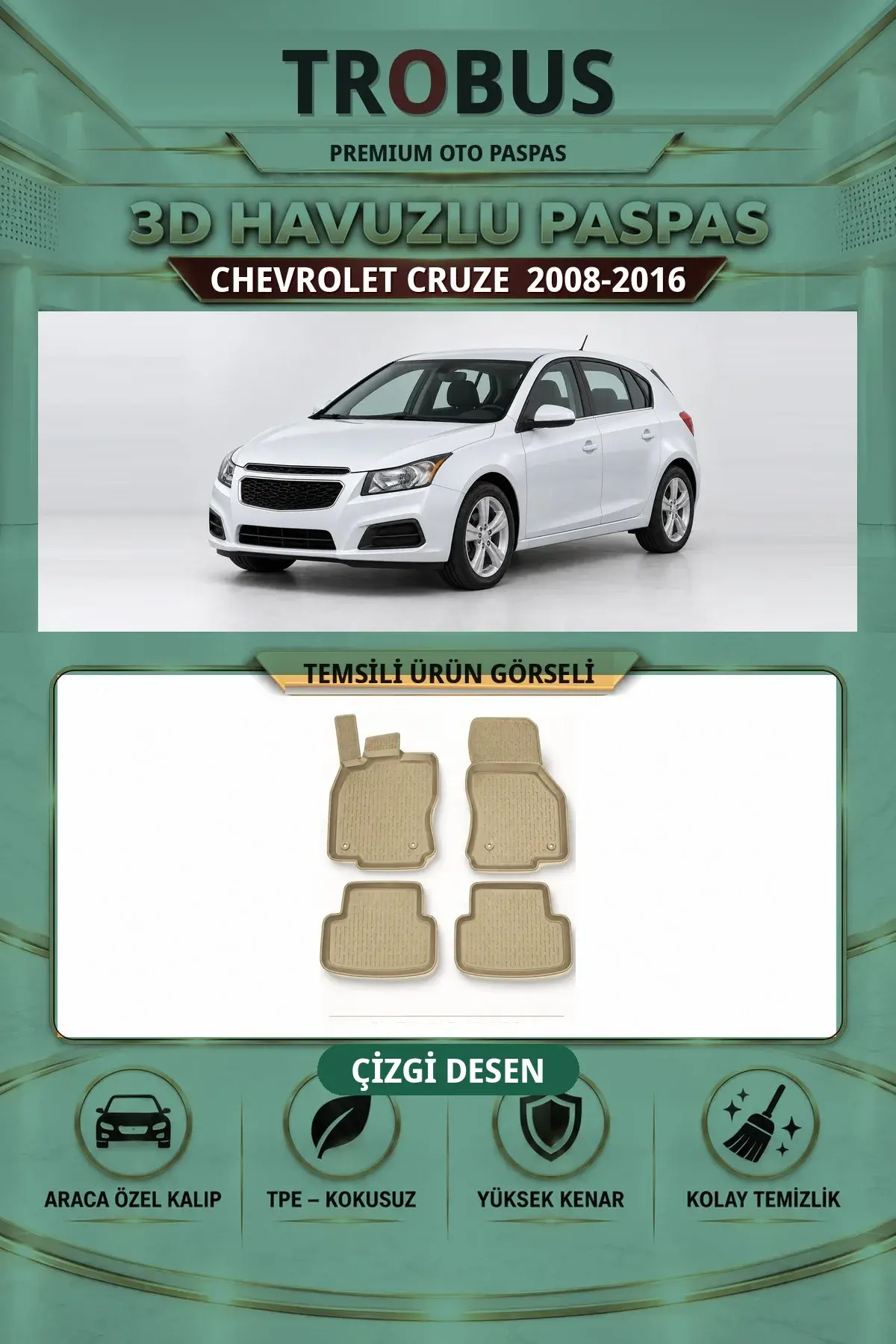 Chevrolet Cruze 2008-2016 Çizgi Desen 3D Havuzlu Paspas Takımı Bej (1)
