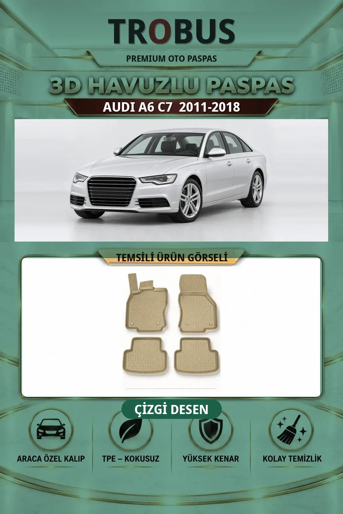 Audi A6 C7 2011-2018 Çizgi Desen 3D Havuzlu Paspas Takımı Bej (1)