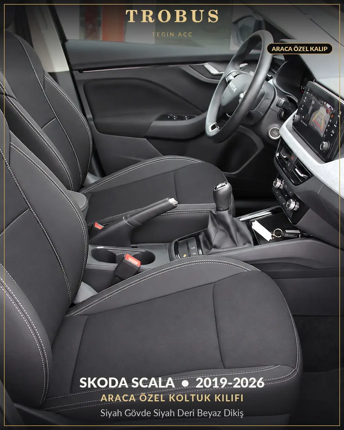 Skoda Scala 2019-2026 Araca Özel Koltuk Kılıfı Siyah Gövde Siyah Deri Beyaz Dikiş (1)
