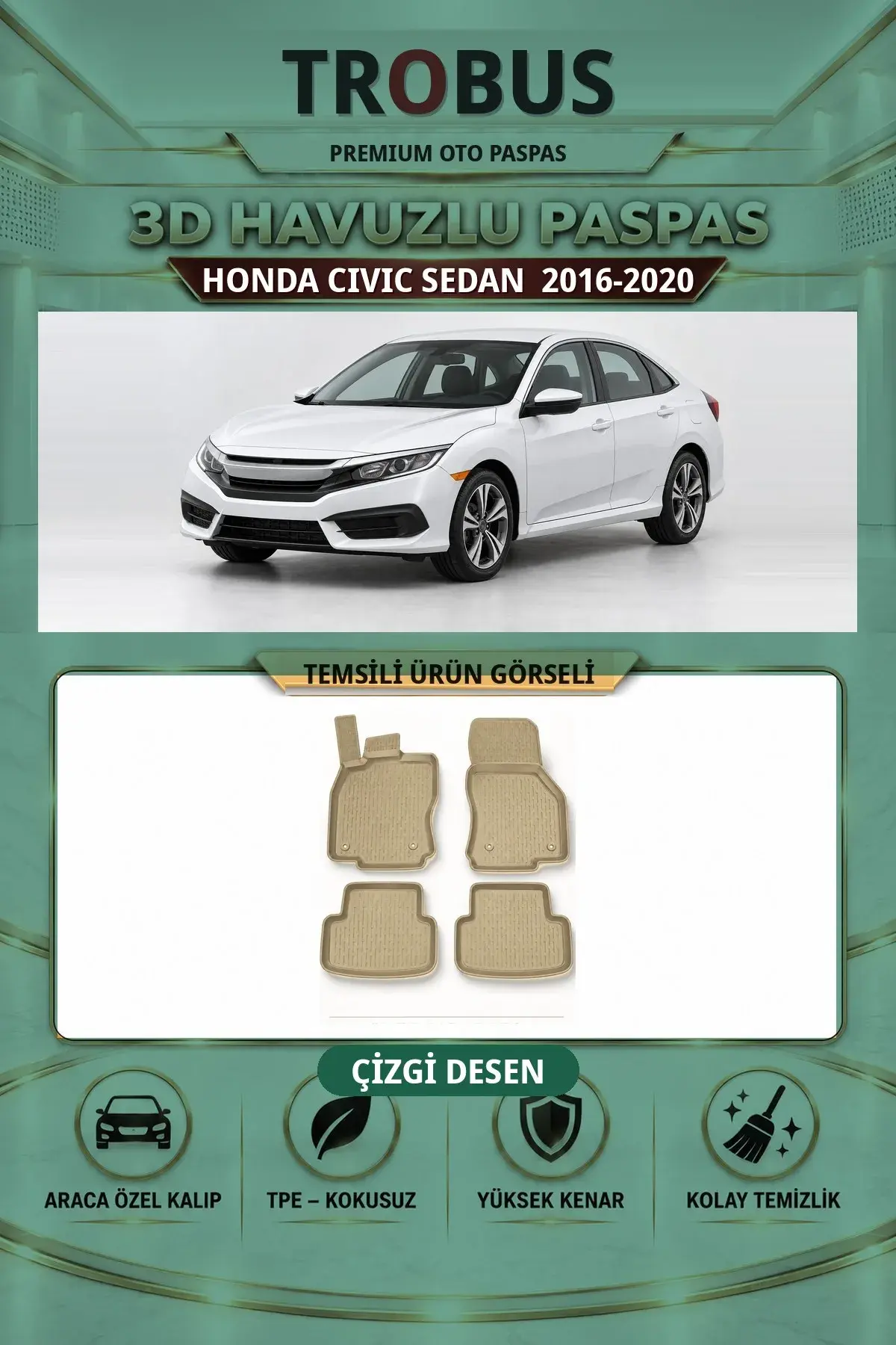 Honda Civic Sedan 2016-2020 Çizgi Desen 3D Havuzlu Paspas Takımı Bej (1)