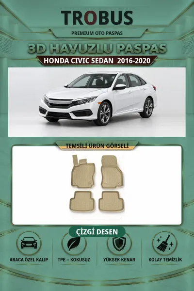 Honda Civic Sedan 2016-2020 Çizgi Desen 3D Havuzlu Paspas Takımı Bej