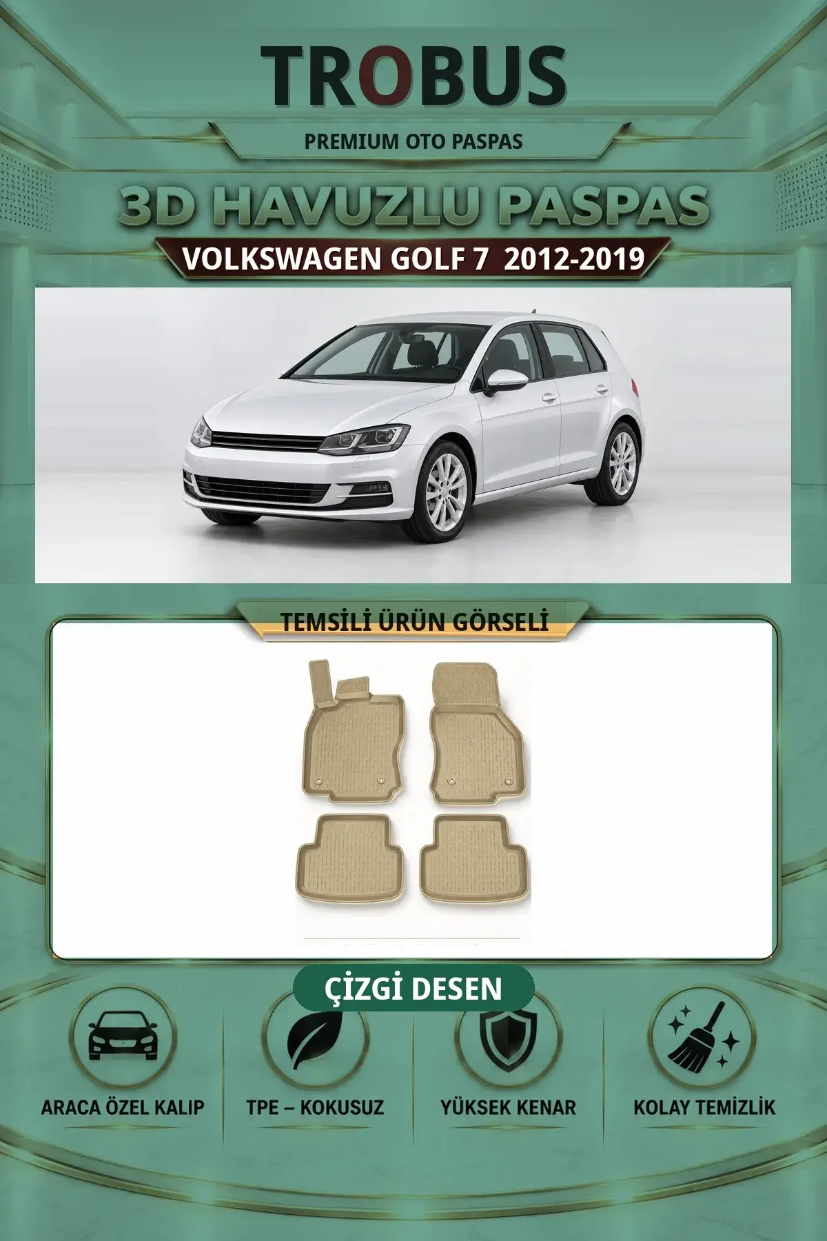 Volkswagen Golf 7 2012-2019 Çizgi Desen 3D Havuzlu Paspas Takımı Bej (1)