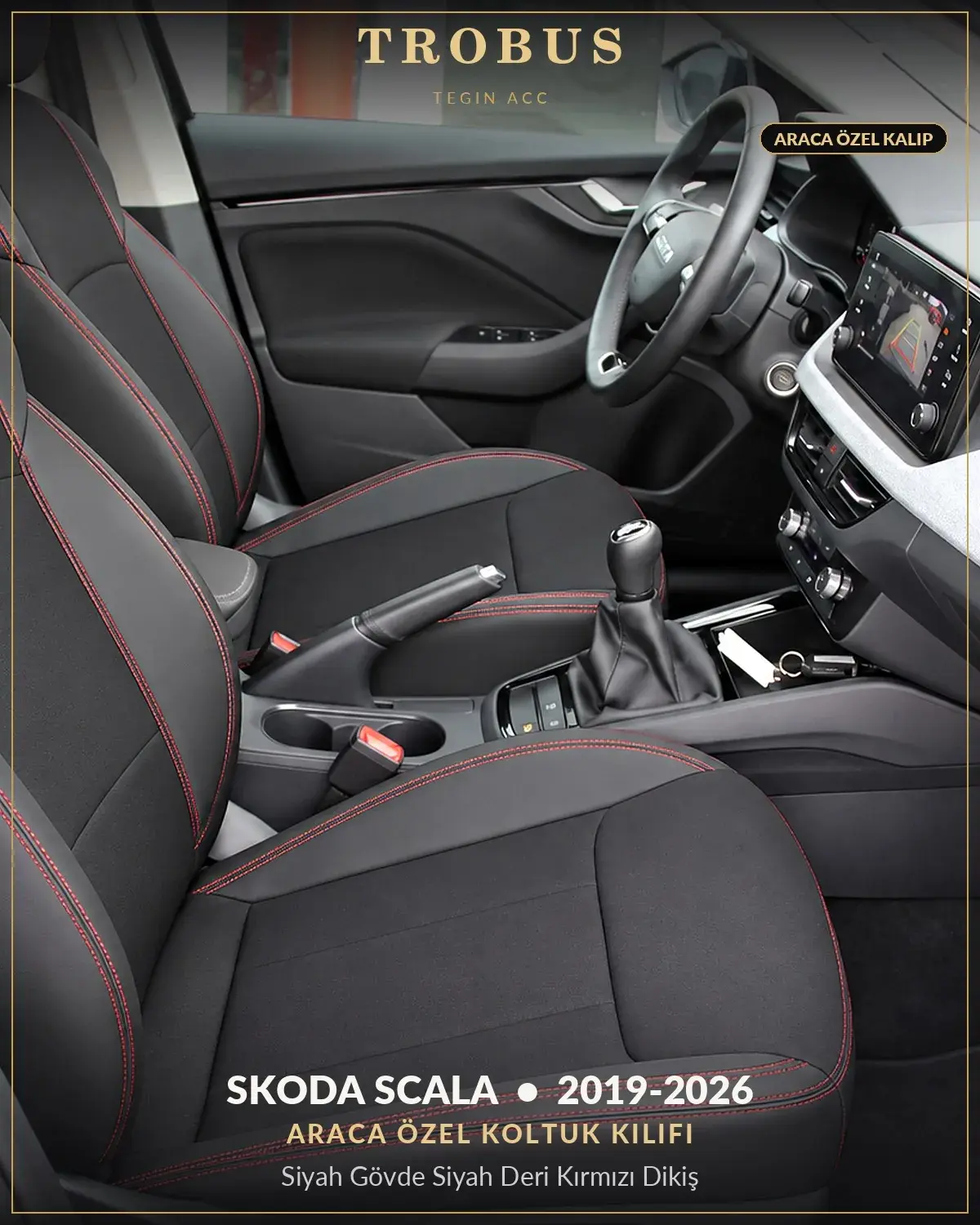 Skoda Scala 2019-2026 Araca Özel Koltuk Kılıfı Siyah Gövde Siyah Deri Kırmızı Dikiş (1)
