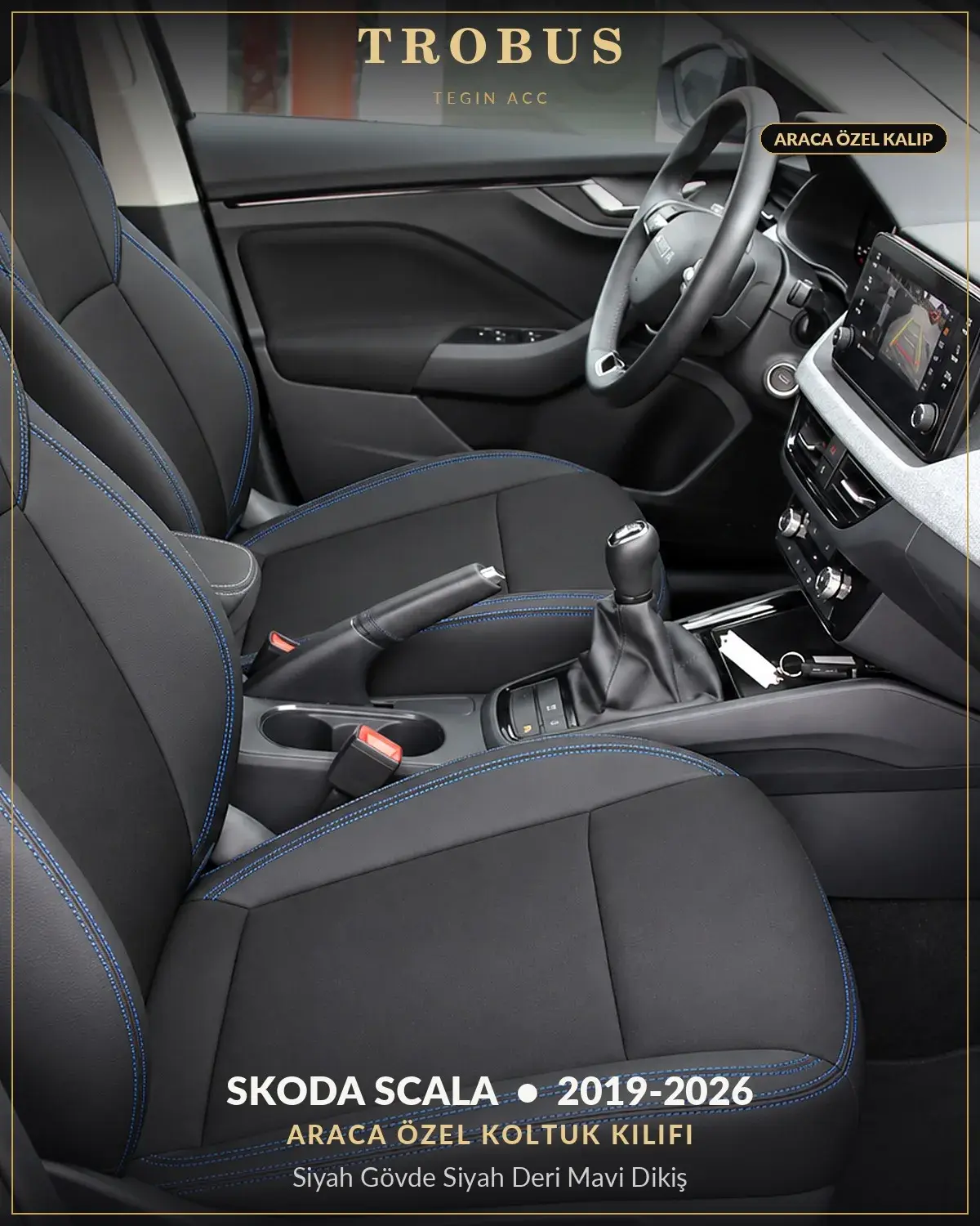 Skoda Scala 2019-2026 Araca Özel Koltuk Kılıfı Siyah Gövde Siyah Deri Mavi Dikiş (1)