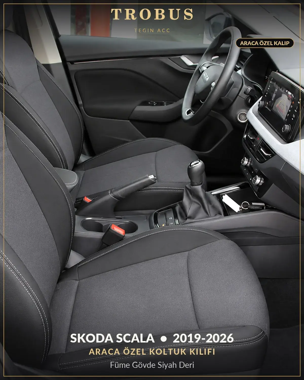 Skoda Scala 2019-2026 Araca Özel Koltuk Kılıfı Füme Gövde Siyah Deri (1)