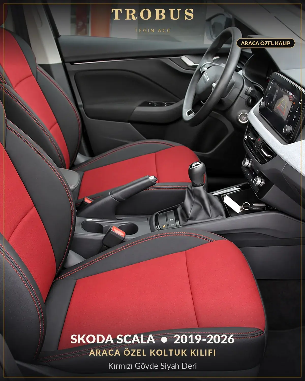 Skoda Scala 2019-2026 Araca Özel Koltuk Kılıfı Kırmızı Gövde Siyah Deri (1)