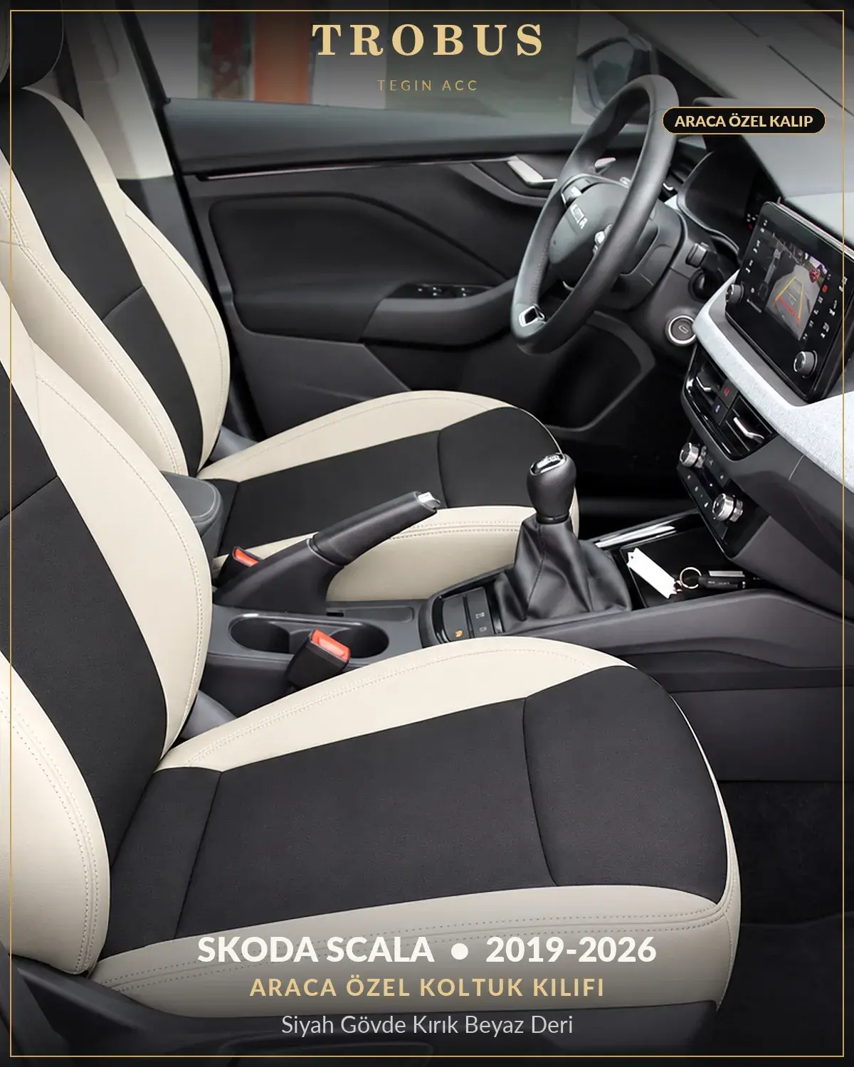 Skoda Scala 2019-2026 Araca Özel Koltuk Kılıfı Siyah Gövde Kırık Beyaz Deri (1)