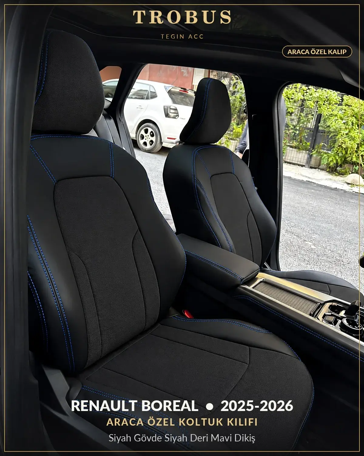 Renault Boreal 2025-2026 Araca Özel Koltuk Kılıfı Siyah Gövde Siyah Deri Mavi Dikiş (1)