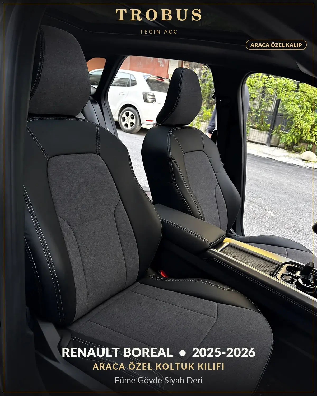 Renault Boreal 2025-2026 Araca Özel Koltuk Kılıfı Füme Gövde Siyah Deri (1)
