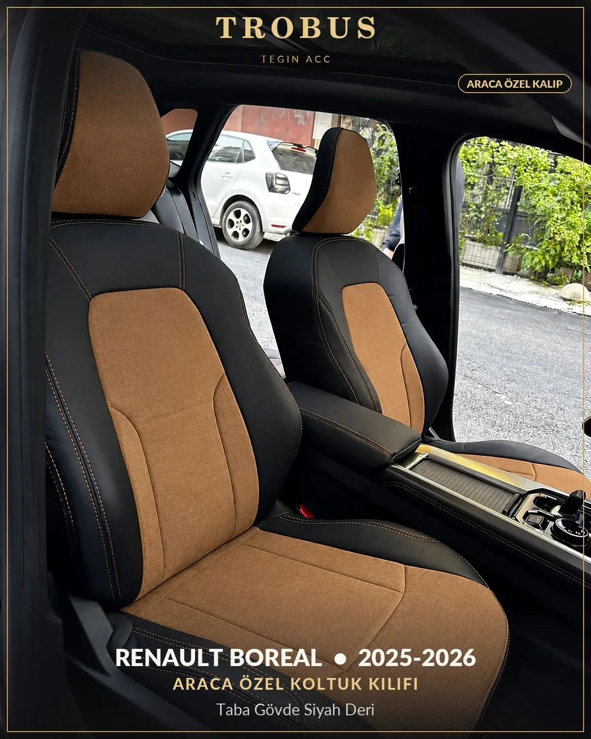 Renault Boreal 2025-2026 Araca Özel Koltuk Kılıfı Taba Gövde Siyah Deri (1)