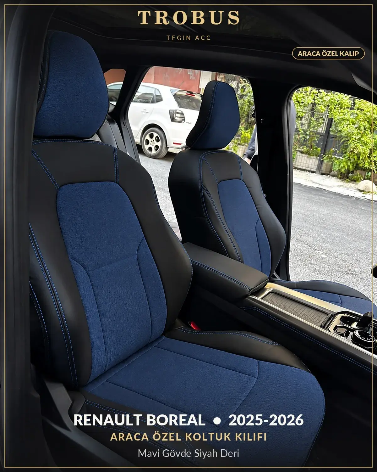 Renault Boreal 2025-2026 Araca Özel Koltuk Kılıfı Mavi Gövde Siyah Deri (1)