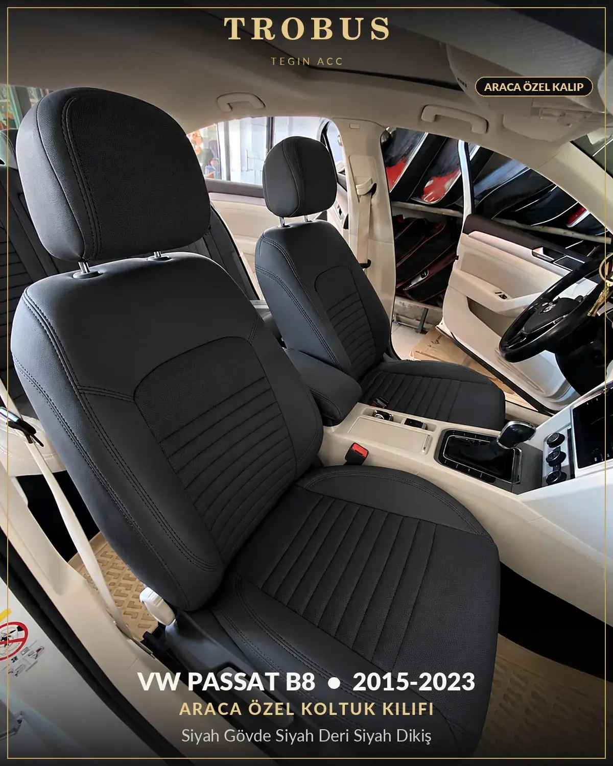 Volkswagen Passat B8 2015-2023 Araca Özel Koltuk Kılıfı Siyah Gövde Siyah Deri Siyah Dikiş (1)