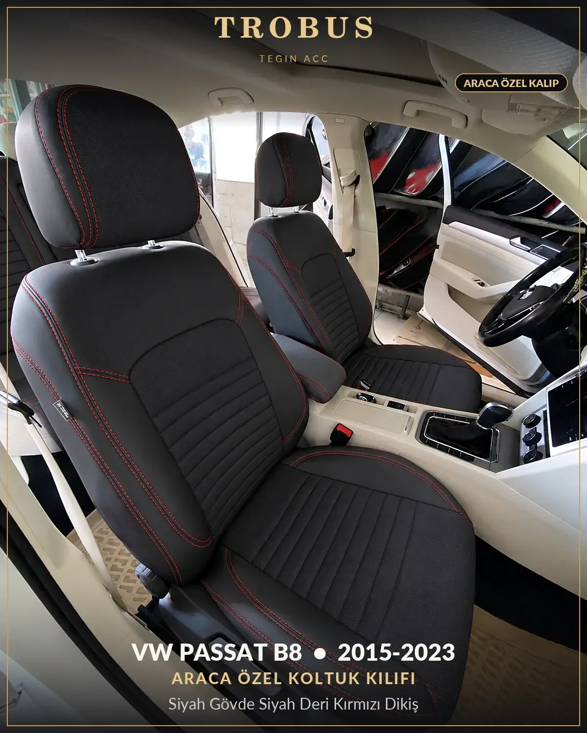 Volkswagen Passat B8 2015-2023 Araca Özel Koltuk Kılıfı Siyah Gövde Siyah Deri Kırmızı Dikiş (1)