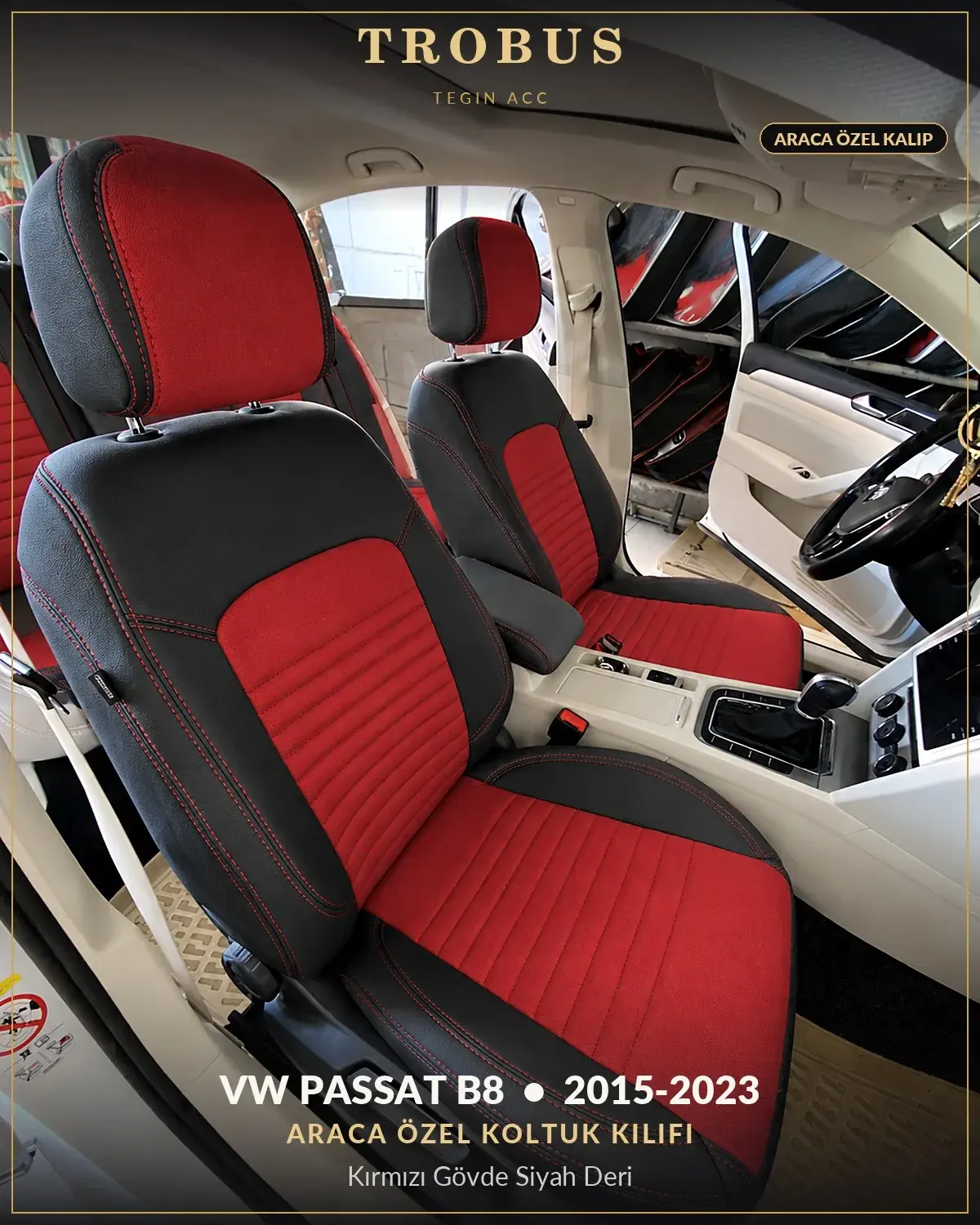Volkswagen Passat B8 2015-2023 Araca Özel Koltuk Kılıfı Kırmızı Gövde Siyah Deri (1)